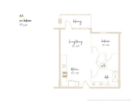Floor plan for 1 bed, 1 bath, 765 sqft